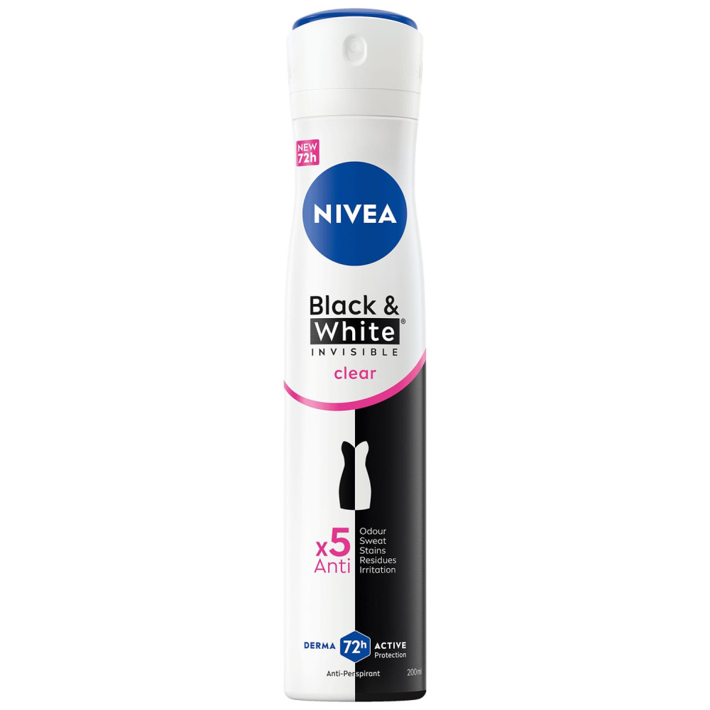 Nivea Black & White Invisible Anti-Perspirant Deodorant Spray for Women Clear 72H Active Protection 200 ml