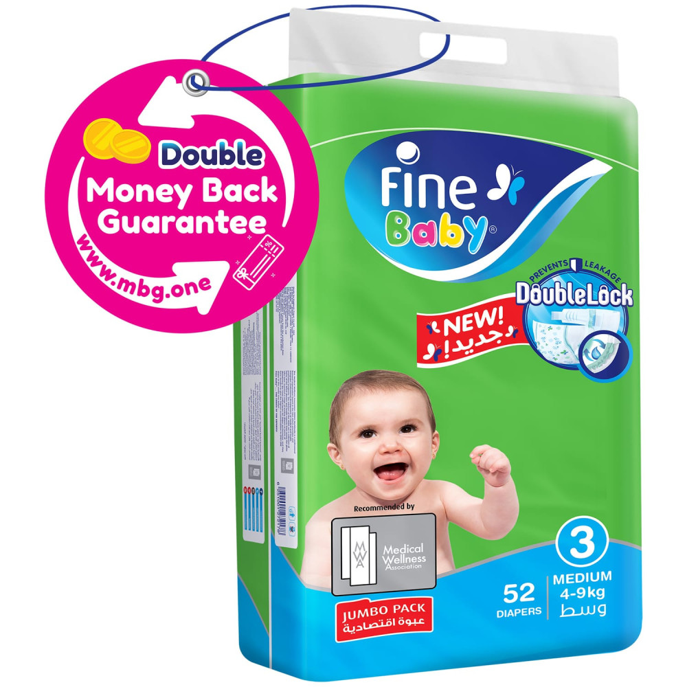 Fine Baby Double Lock, Size 3, Medium, 4-9 Kg, Jumbo Pack, 52 Diapers