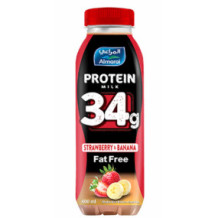Almarai skimmed milk with 34 g protein, 400 ml, banana and strawberry flavor
